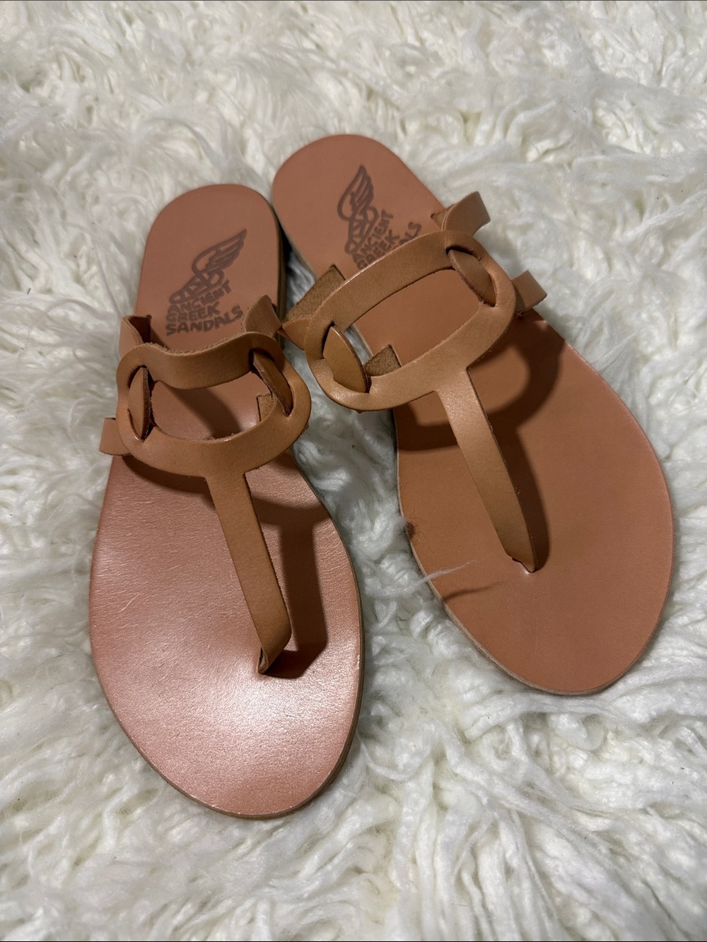 Ancient Greek Sandals Cognac Leather Ring-Detail Thong Sandals size 41 or 10.5